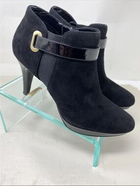Bandolino Black Suede Ankle Booties with Patent Strap and Gold Accent